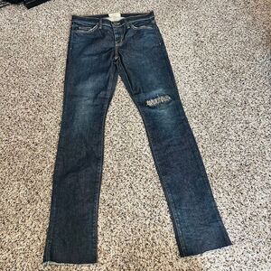Current/Elliot Distressed Dark Blue‎ Denim Jeans with Knee Rip Straight Leg